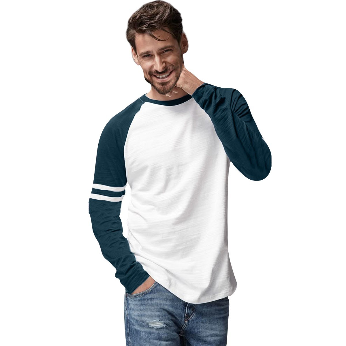 Mens Triblend Long Sleeve Baseball T-Shirt Casual Raglan Plain Contrast L/S Top gallery