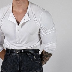 Ribbed Stretch Long Sleeve V Neck Athletic Top for Men Training Casual Wear