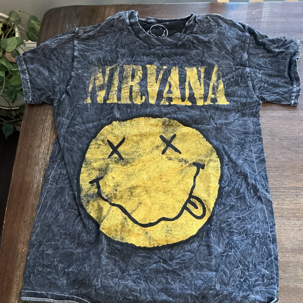 Nirvana Smiley Face Band T-Shirt Black Acid Wash Official Bravado RN 90355 Small