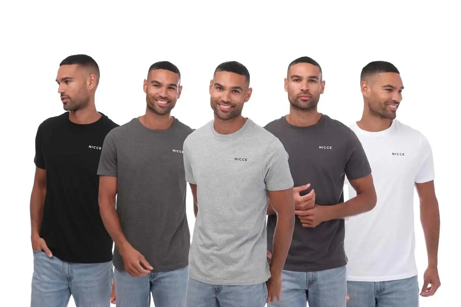 Nicce Men’s 5 Pack 100% Cotton T-Shirts – White/Dark Grey/Grey Marl/Black/Charco