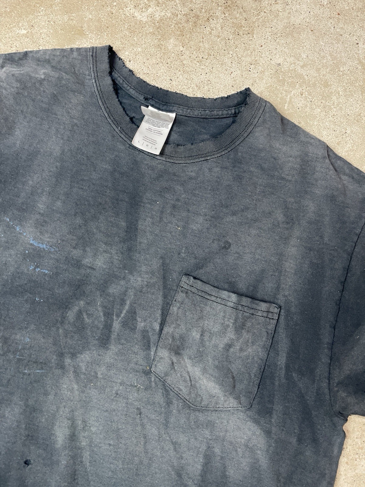 Vintage Sun faded Pocket T-Shirt Gradient Thrashed Mens Size L Distressed Black