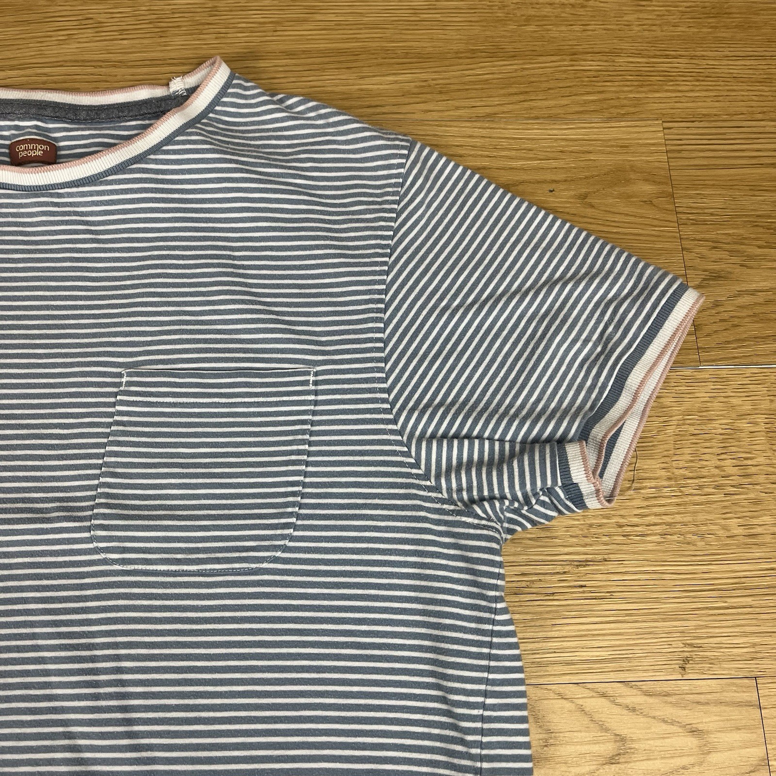 Common People Men's Blue Pink Striped Pocket Cotton Tee T Shirt M Medium Indi gallery