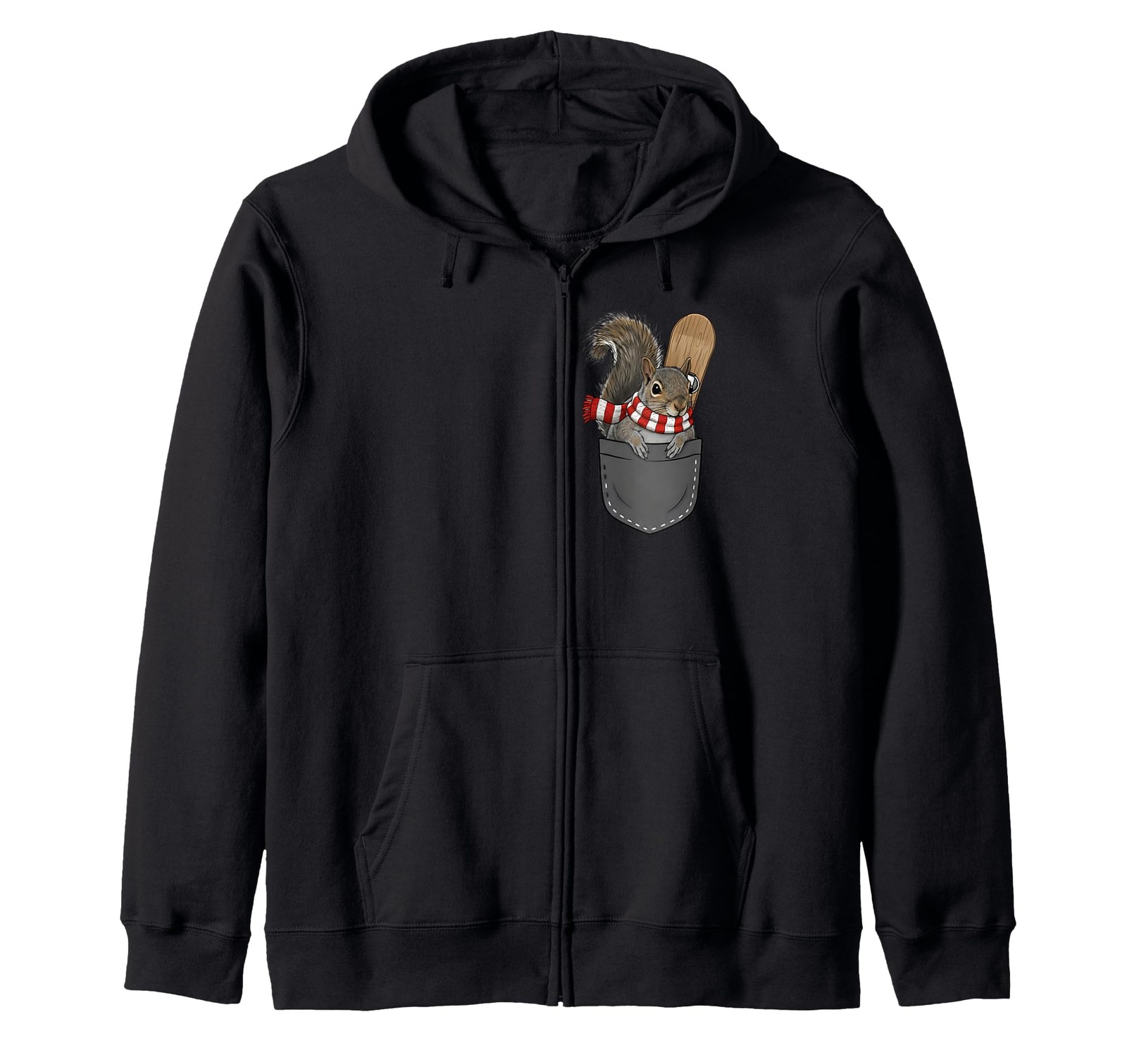 Cute Squirrel In Pocket Snowboarder With Winter Scarf Funny Zip Hoodie