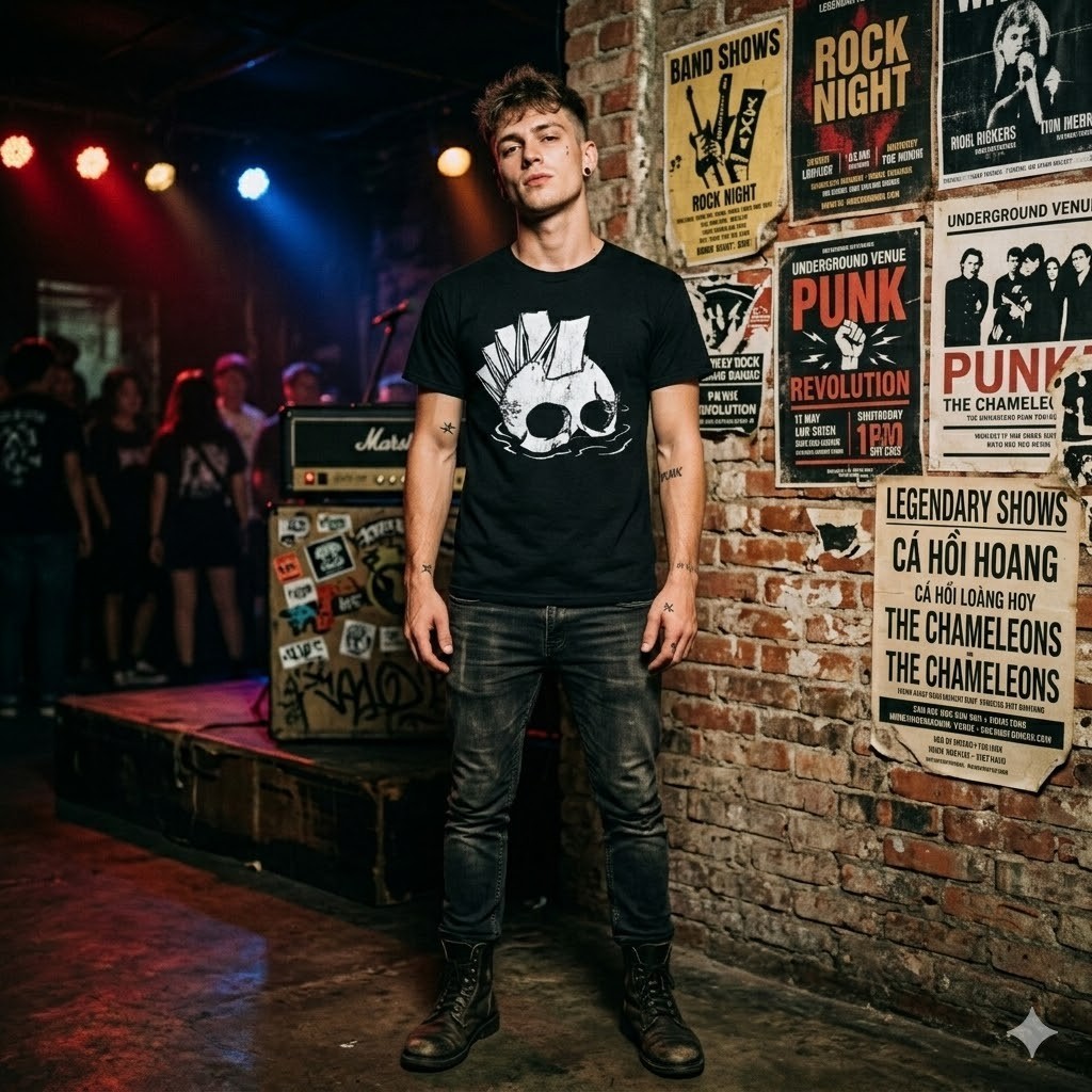 Mohawk Skull Punk Rock Graphic T-Shirt Skater Grunge Mens Black Tee gallery