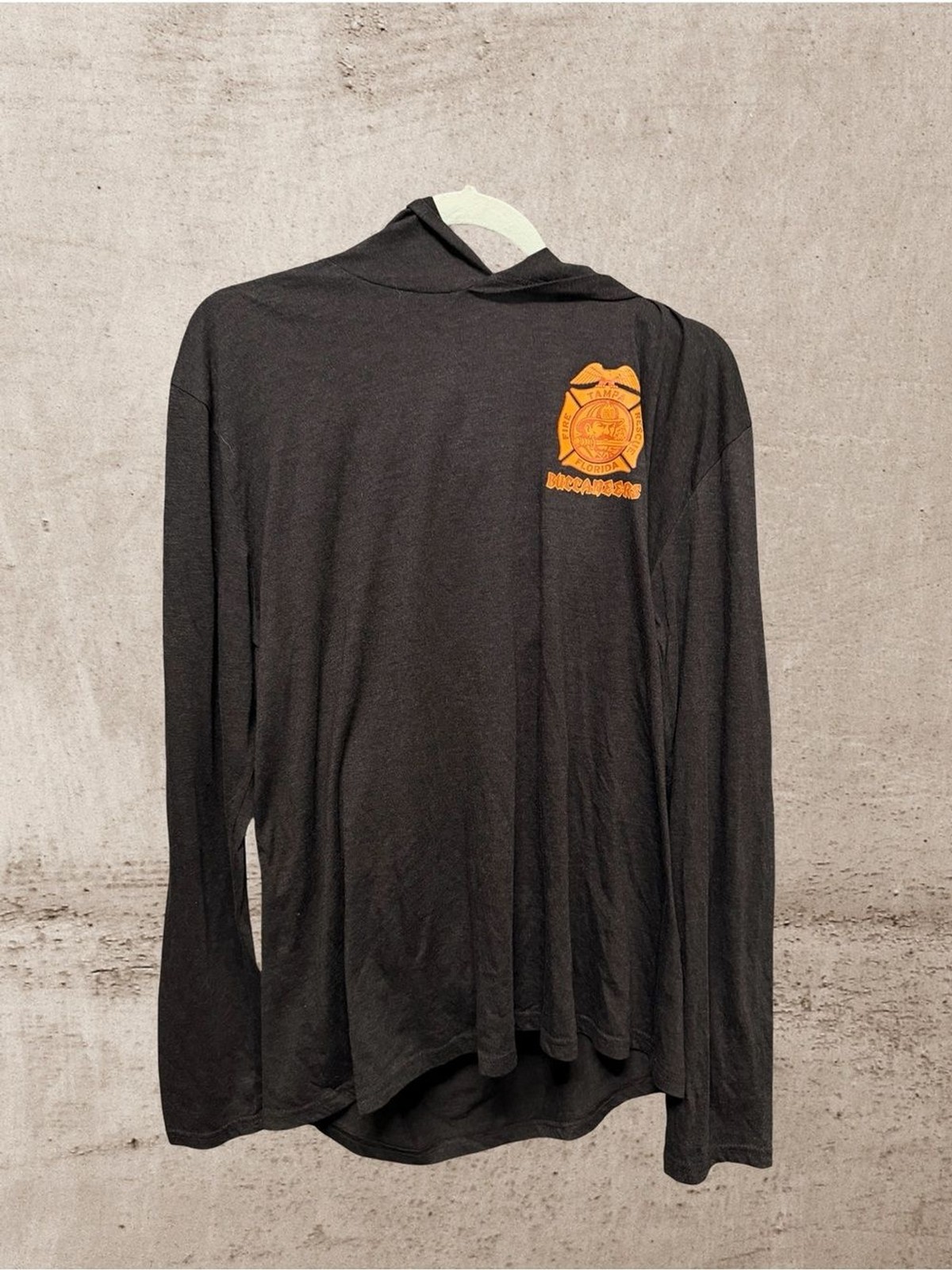 District Black Long-Sleeve Hooded Tee with Orange Badge gallery