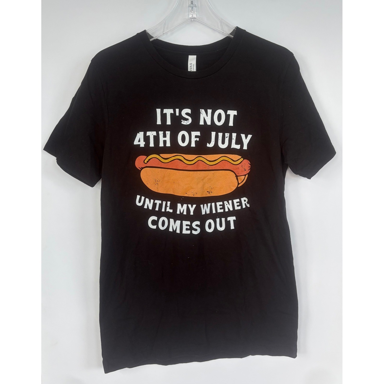 Canvas Funny 4th of July Wiener Hot Dog Graphic T Shirt Mens Medium Black Tee