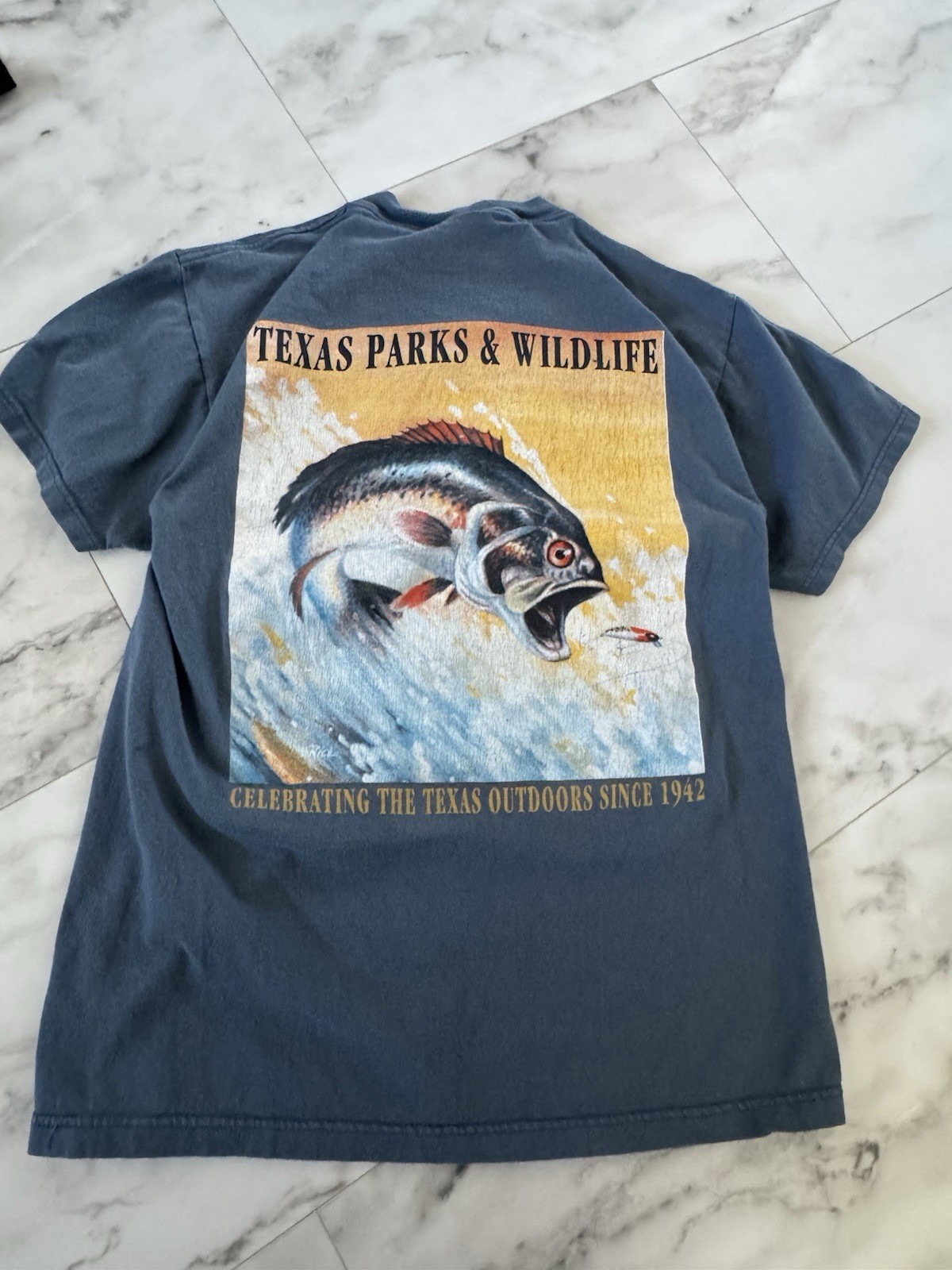 Men's Vintage Short Sleeve T-Shirt Blue With Dope Fish Graphic Print Design gallery