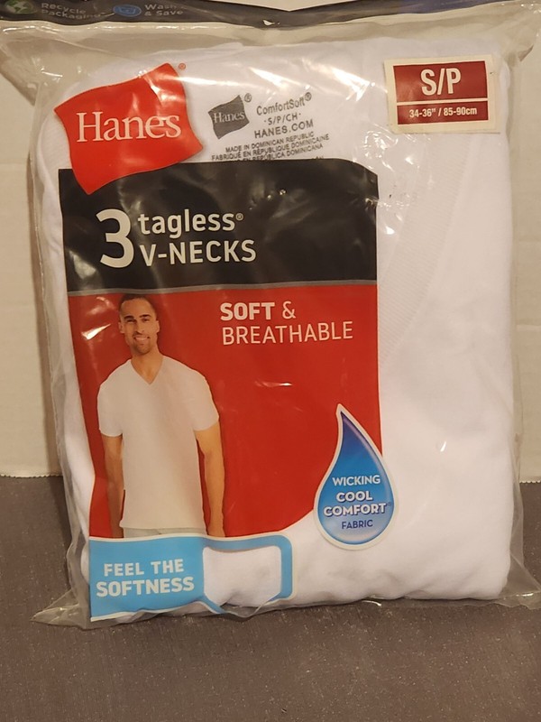 New Hanes Men’s 3 Pack White V-Neck T-Shirt Tagless Short Sleeve Cotton Small