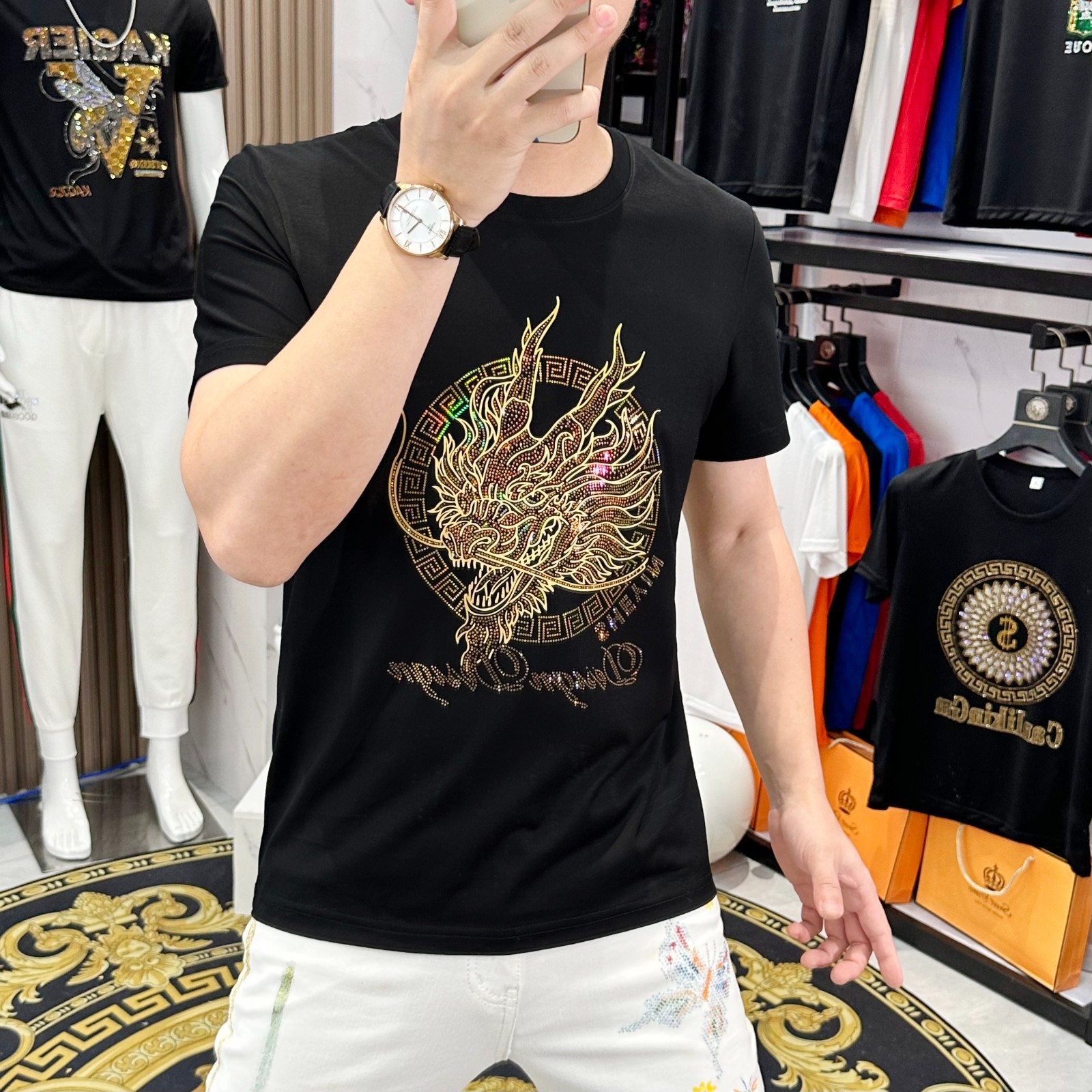 New Men Fashion Trend Dragon Diamond Rhinestone Streetwear Summer Luxury T-Shirt gallery