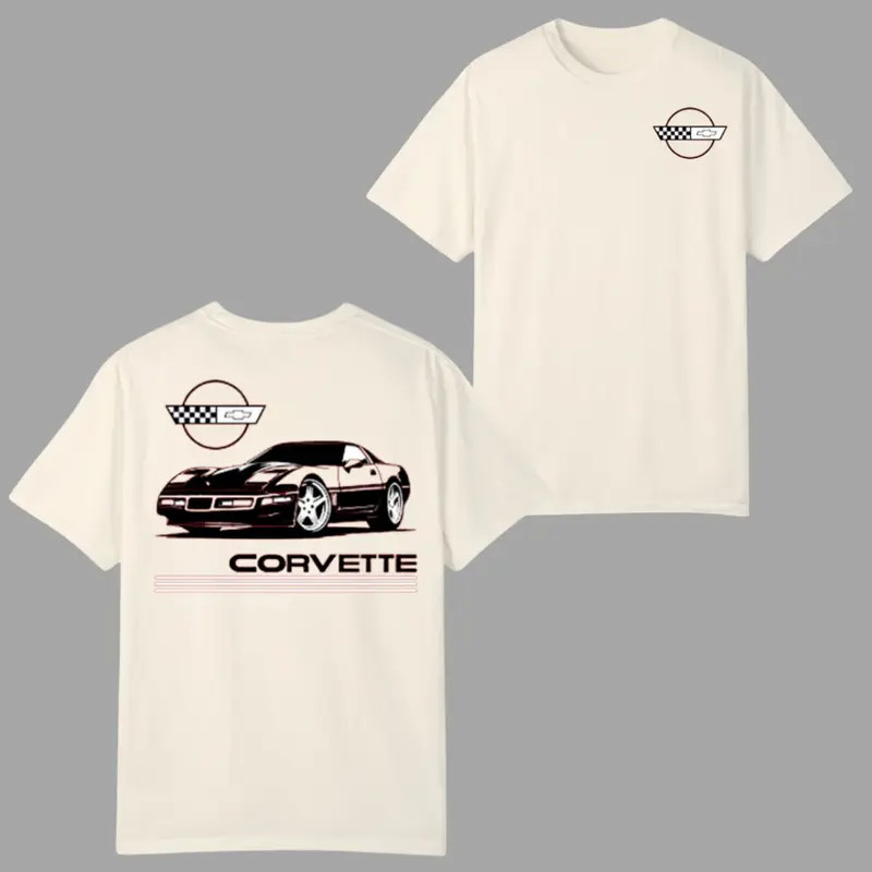 Corvette C4 Classic T-shirt, Retro Sports Car Graphic 2 Sides, Cream Tee gallery