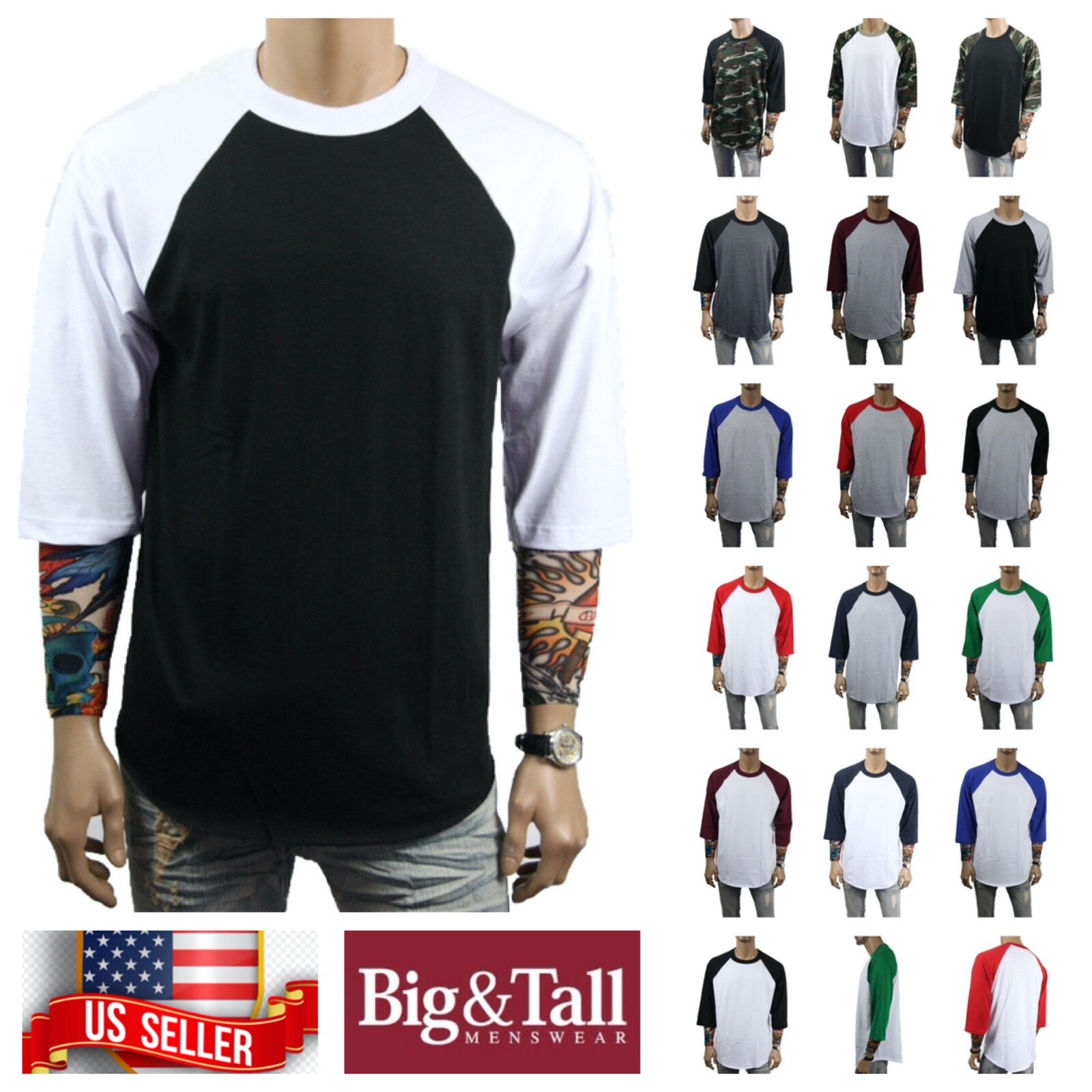 Men S-3XL Baseball Plain T-Shirt Lot 3/4 Sleeve Raglan Crew Neck Sports Jersey gallery