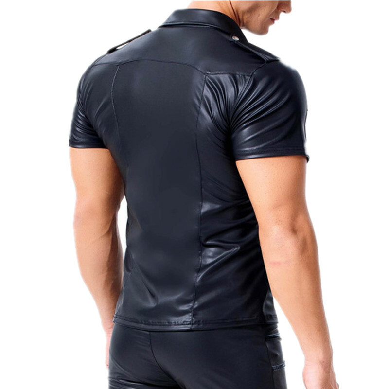 Mens Faux Leather PVC Short Sleeve T Shirt Top Nightclub Cool Men Shirts Uniform gallery