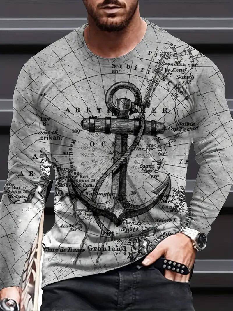 T-Shirt Men Long Sleeve Black Gray Nautical Anchor Print Tee USA Size Activewear gallery