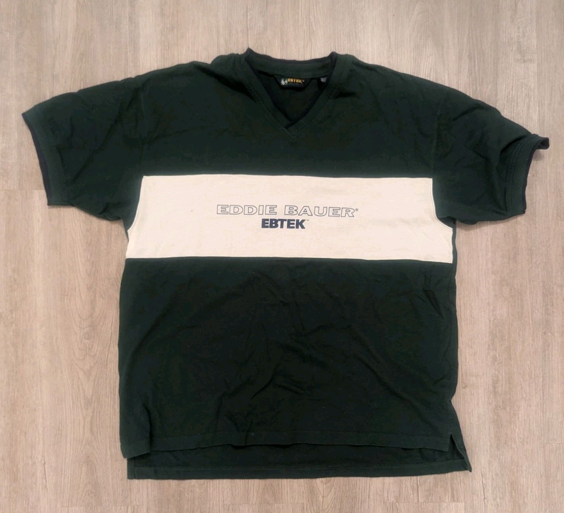Eddie Bauer EBTEK Vintage Y2K Men's L Green/White Colorblock V-Neck Logo T-Shirt gallery