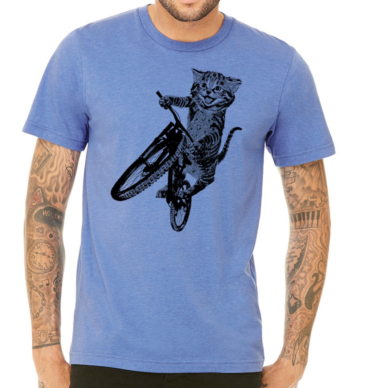 Cat Riding a Bicycle men's Tshirt- Kitten Wheelie Tee shirt- Eco Friendly gallery