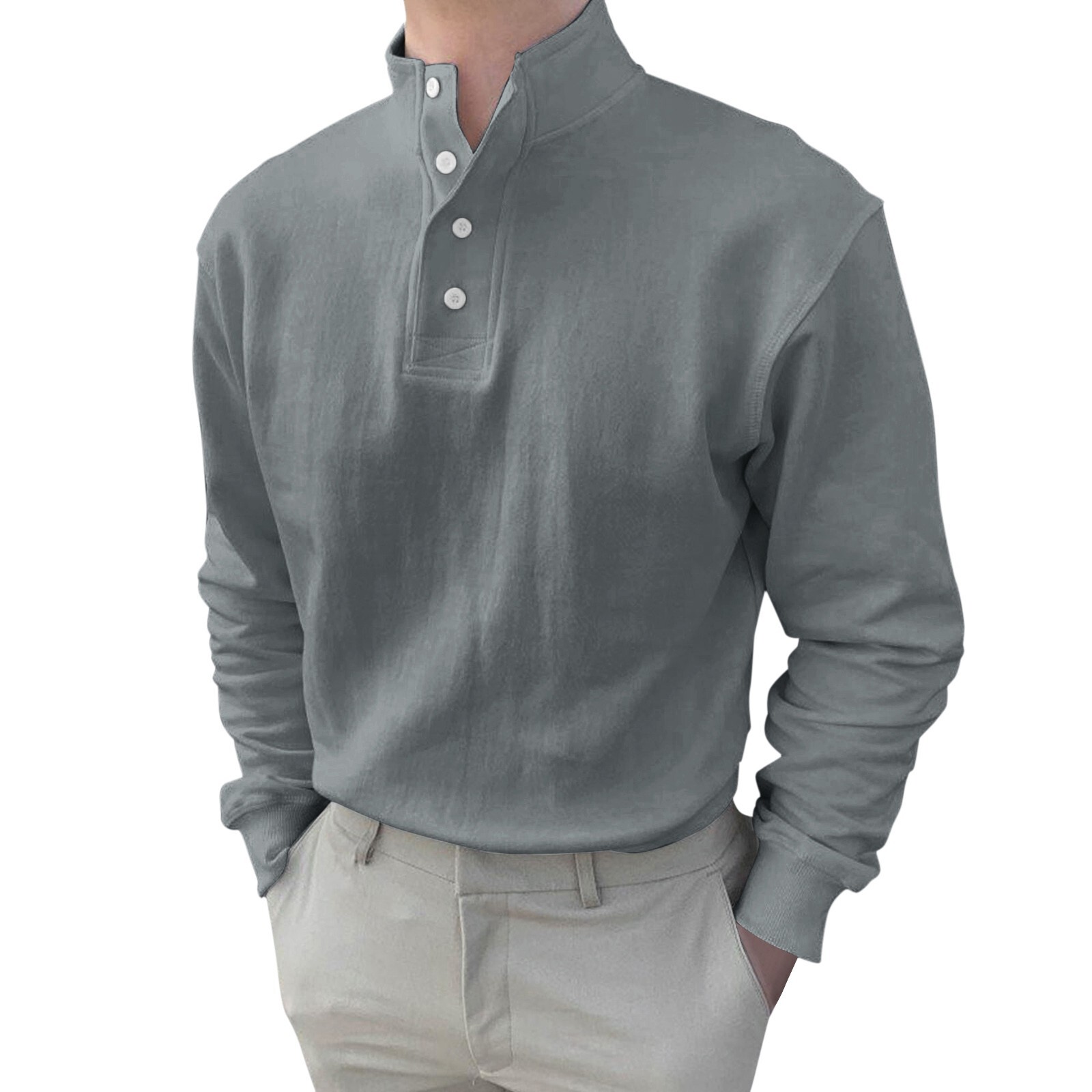Men Button High Neck Stand Collar Solid Blouse Long Sleeve Top Cotton Shirt gallery