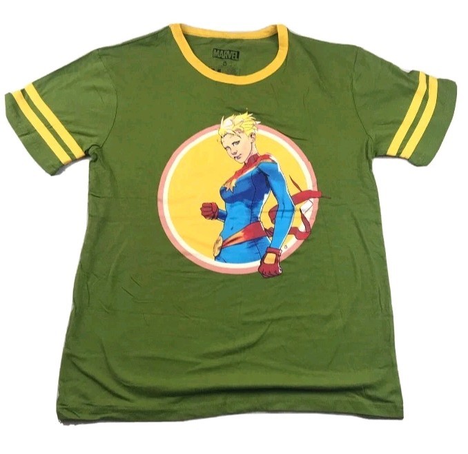 Captain Marvel Graphic Tee Shirt Adult Large Green Contrasting Yellow Trim
