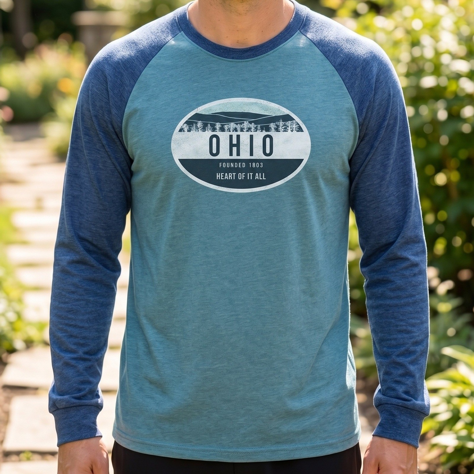 Home Free Ohio Heart of It All Raglan Long Sleeve Graphic Tee Teal Navy Blue