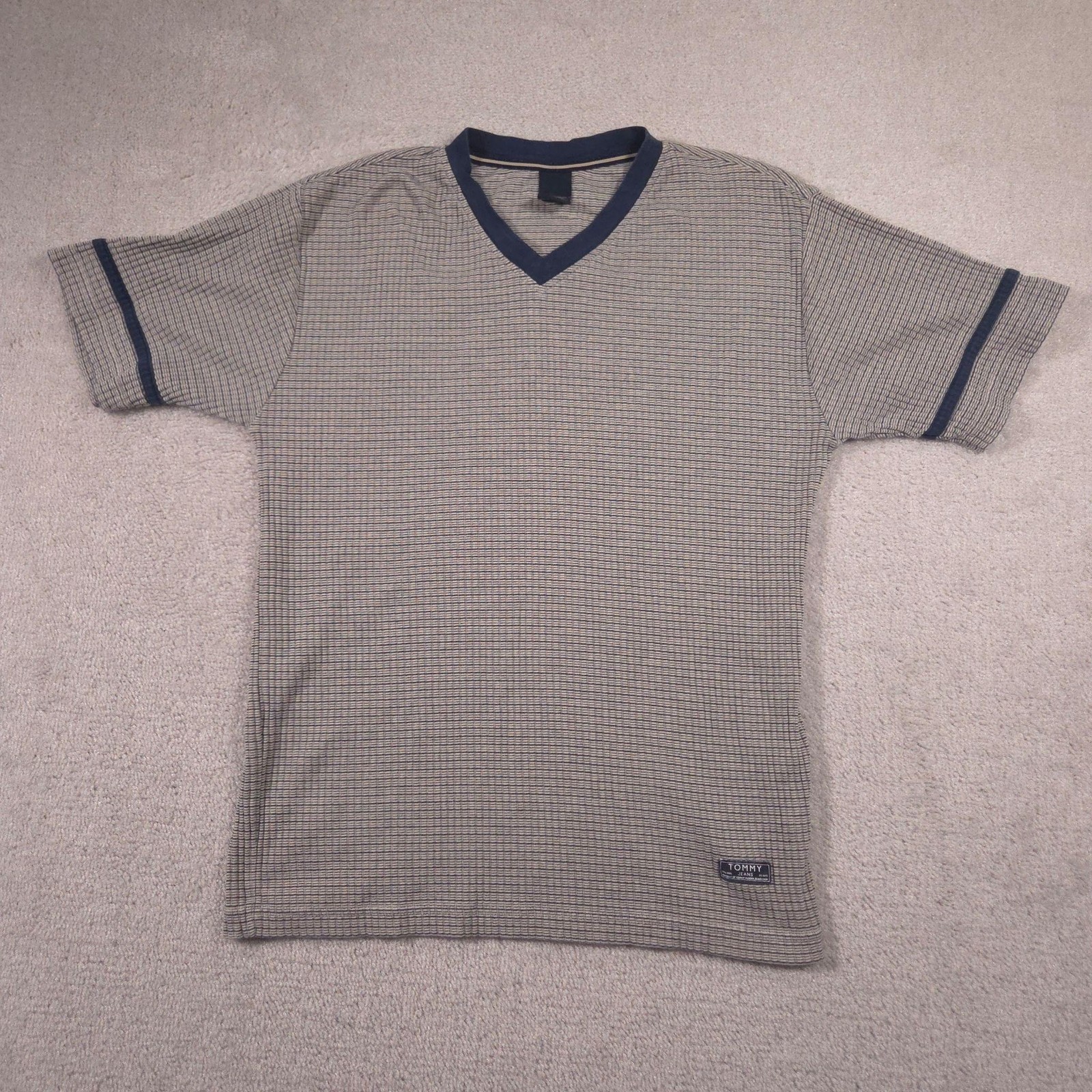 Tommy Jeans Shirt Mens XL Gray Stripe V-Neck Ringer Short Sleeve Tee Casual