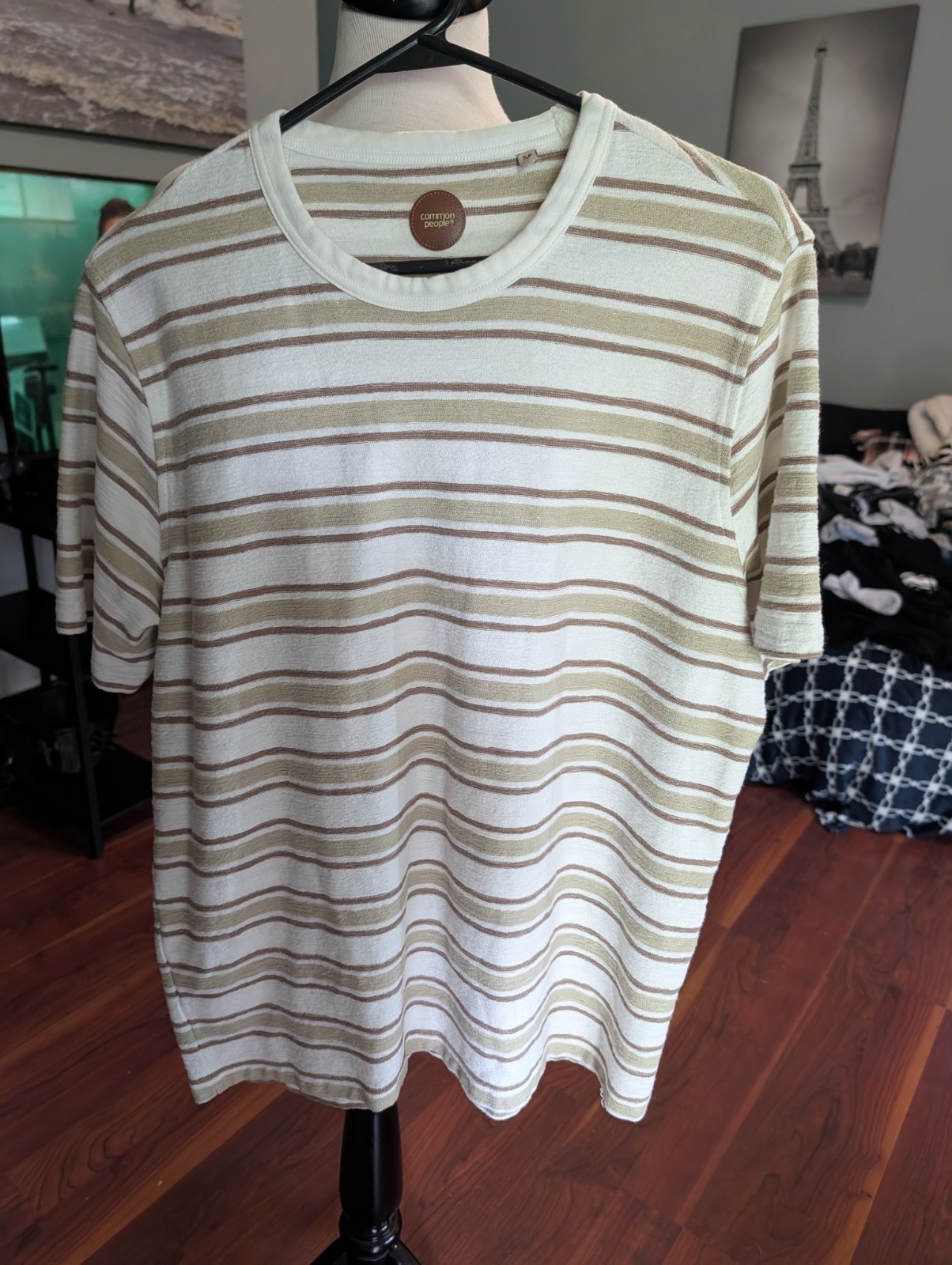Common People T Shirt Men’s M Stone/Tan Striped Short Sleeve Shirt 100% cotton
