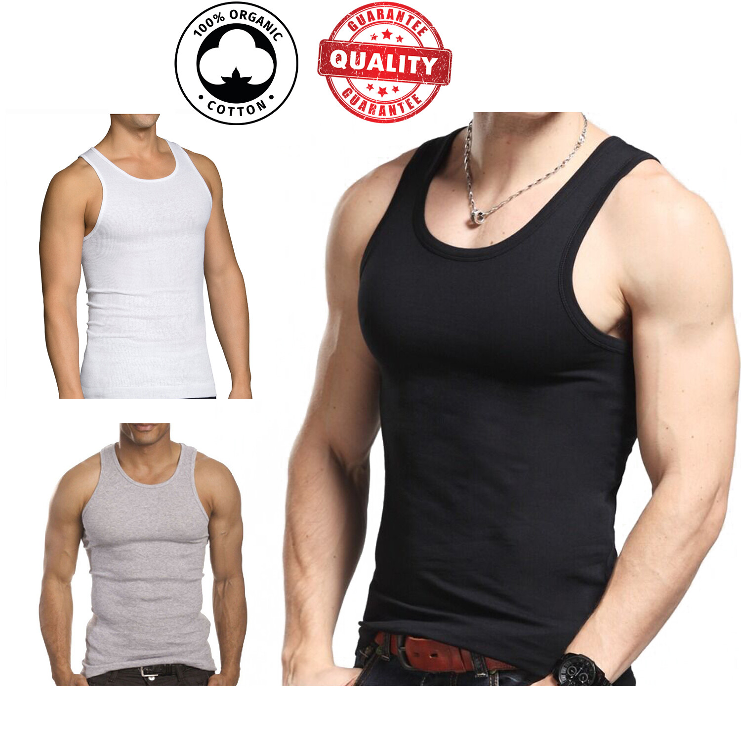 3 Pc Men 100% Cotton A-Shirt Tank Top Ribbed Undershirt Wife Beater Black White gallery