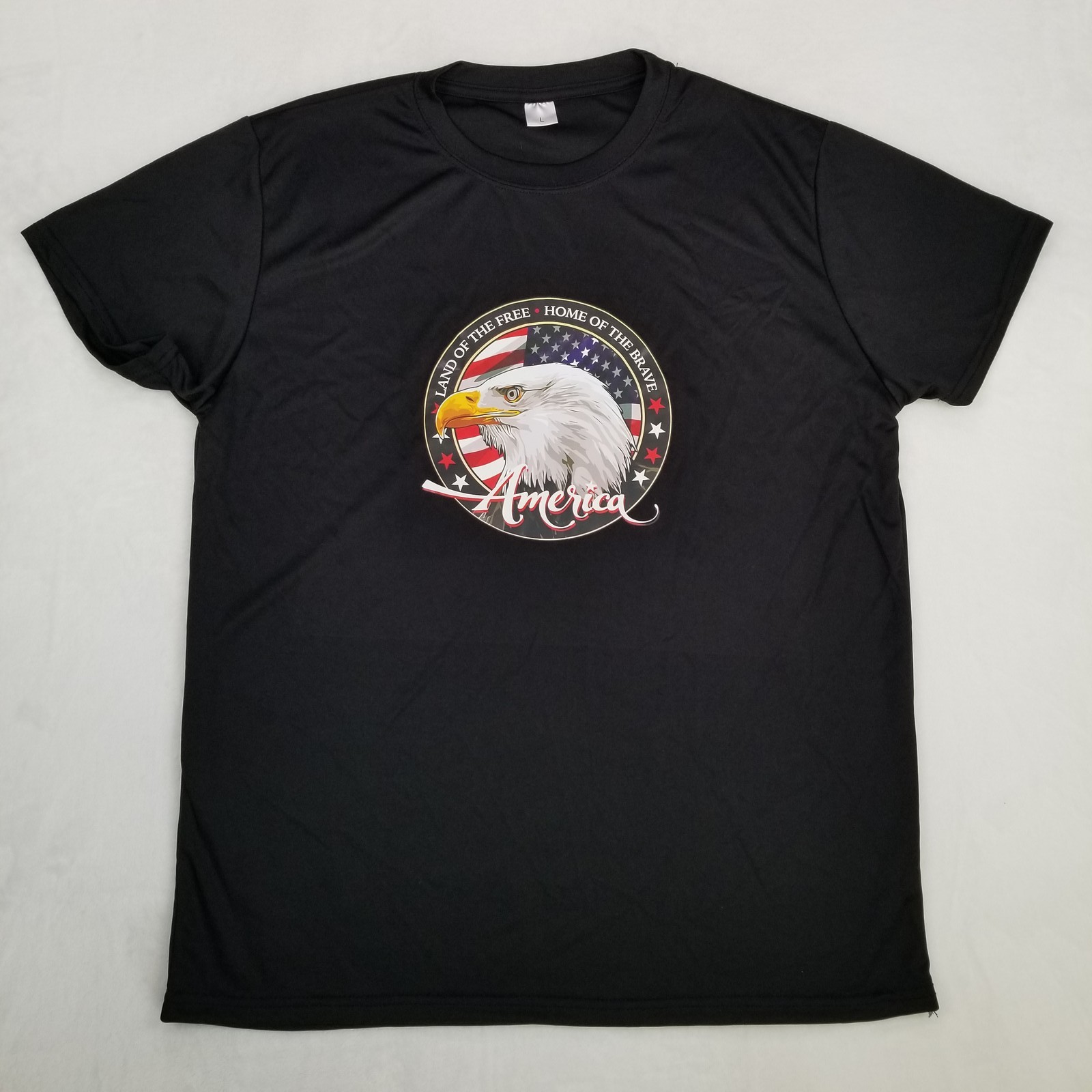 Men’s Black Land of the Free Home of the Brave T-Shirt Size L Bald Eagle America