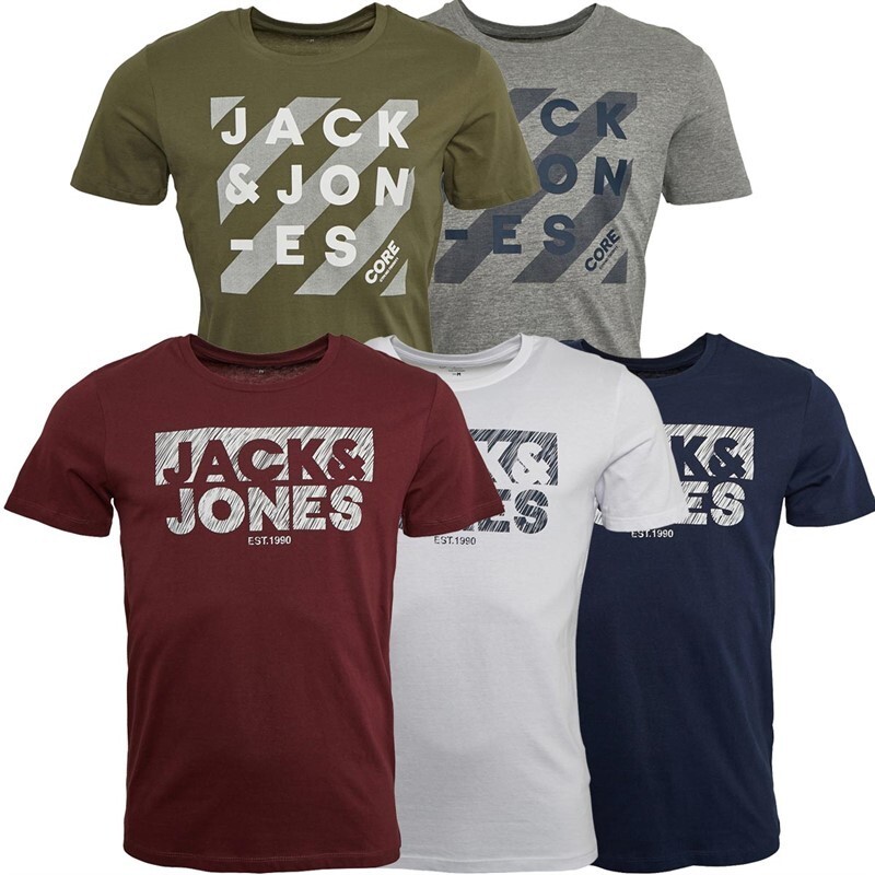 JACK AND JONES Mens Freddie 5 Pack T-shirts Navy/White/Grey/Olive/Port RRP £59.9
