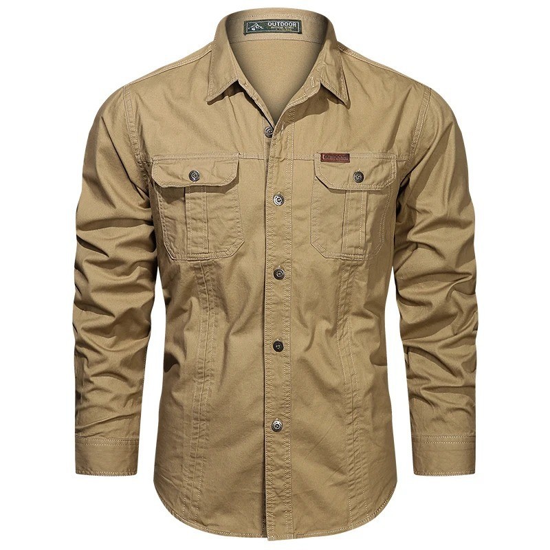 Men’s Long-Sleeve Western Shirts Cotton Button-Up Military Style