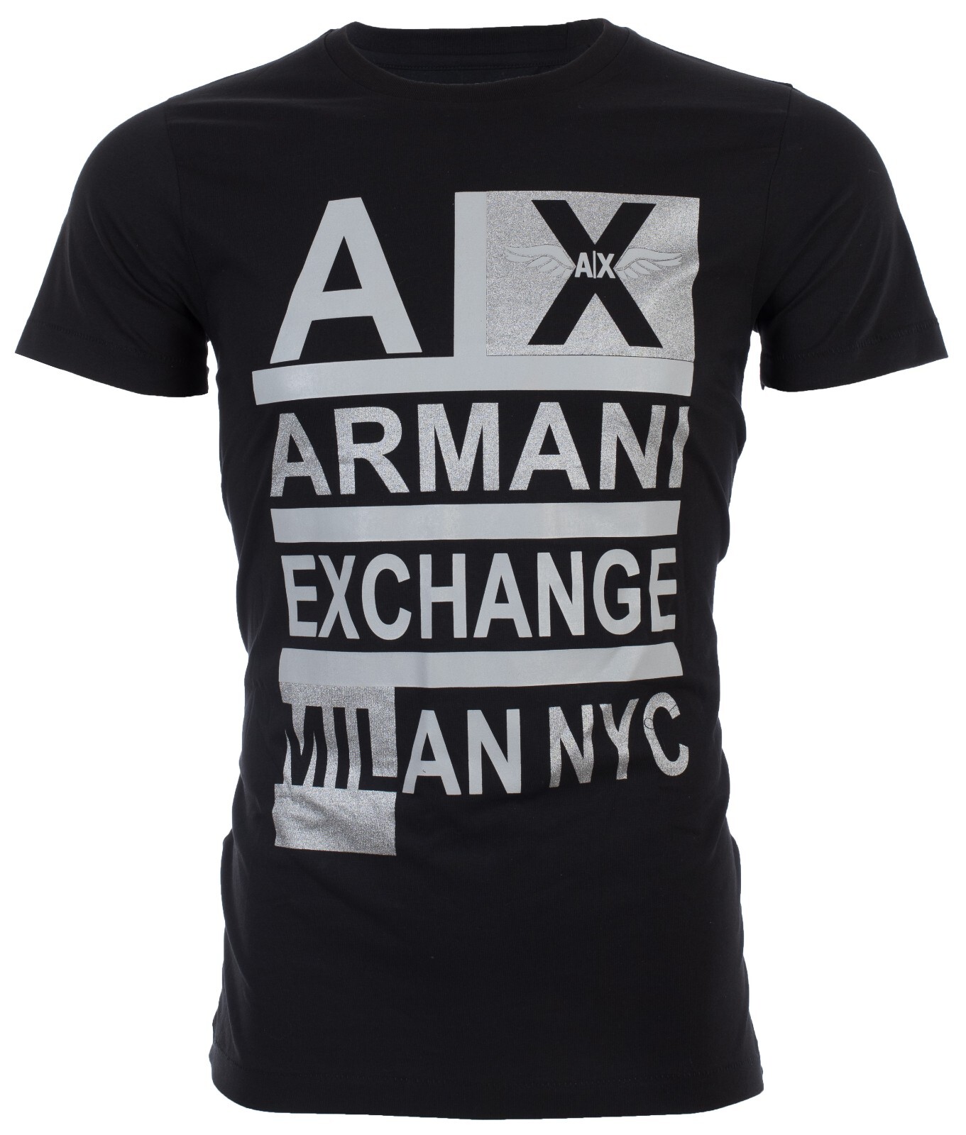 $50 ARMANI EXCHANGE Black STACKED Short Sleeve Slim Fit Designer T-shirt NWT gallery