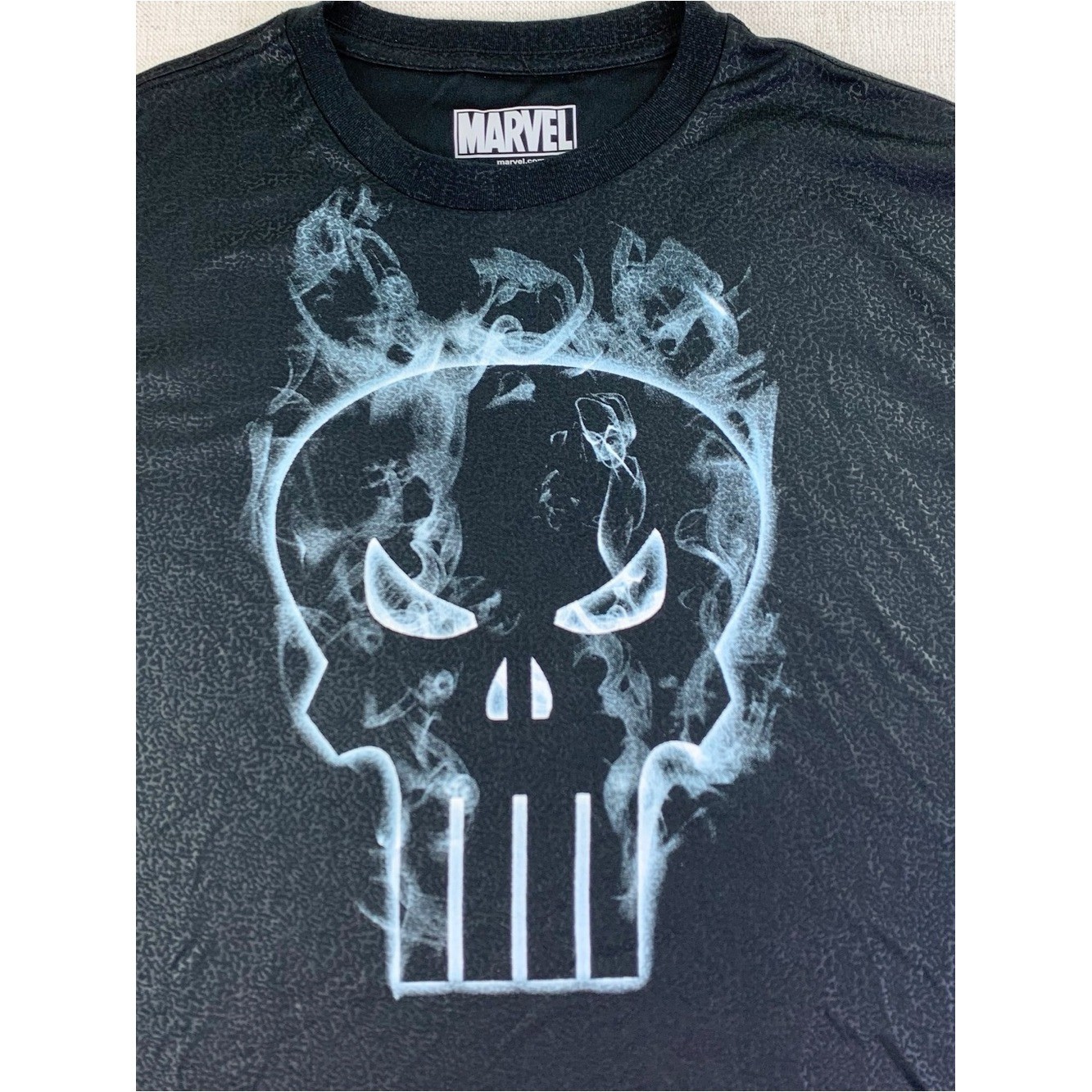 Marvel Black Short Sleeve Tee with Smoky Punisher Skull shiny textured fabric gallery
