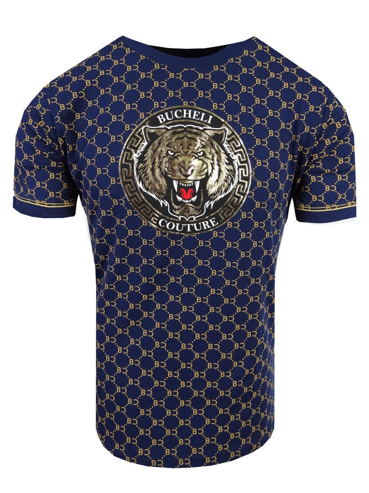 Designer T-Shirt Blue Bucheli Italian Logo Stripe Men Shiny Gold Tiger Slim Fit gallery
