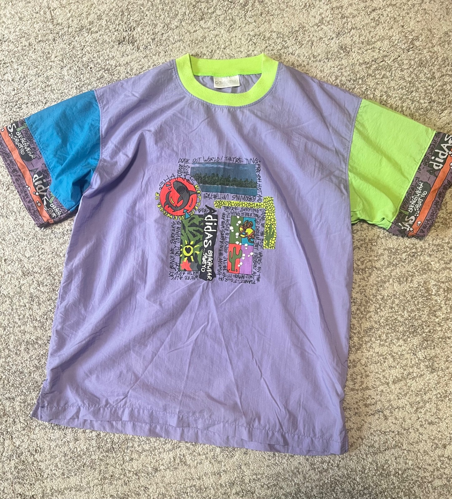 Ultra Rare Vintage 80s Adidas x Stüssy Beachwear Short Sleeve Top - Size L gallery
