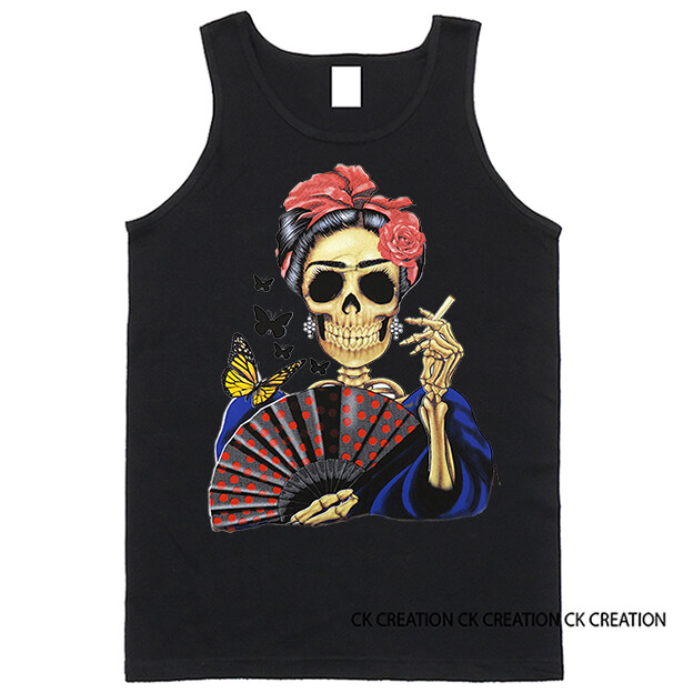 Skeleton with Fan Day of The Dead Graphic Tank Top gallery