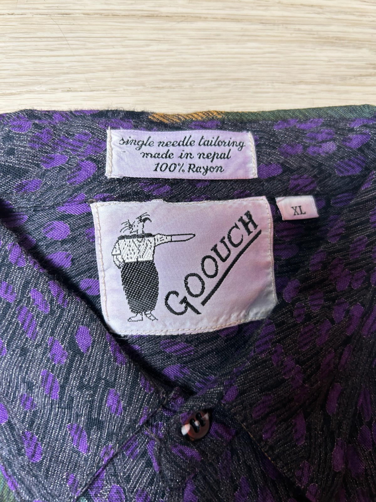 Vintage Goouch Rayon Shirt XL Purple Abstract Pattern 80s 90s Art Deco gallery
