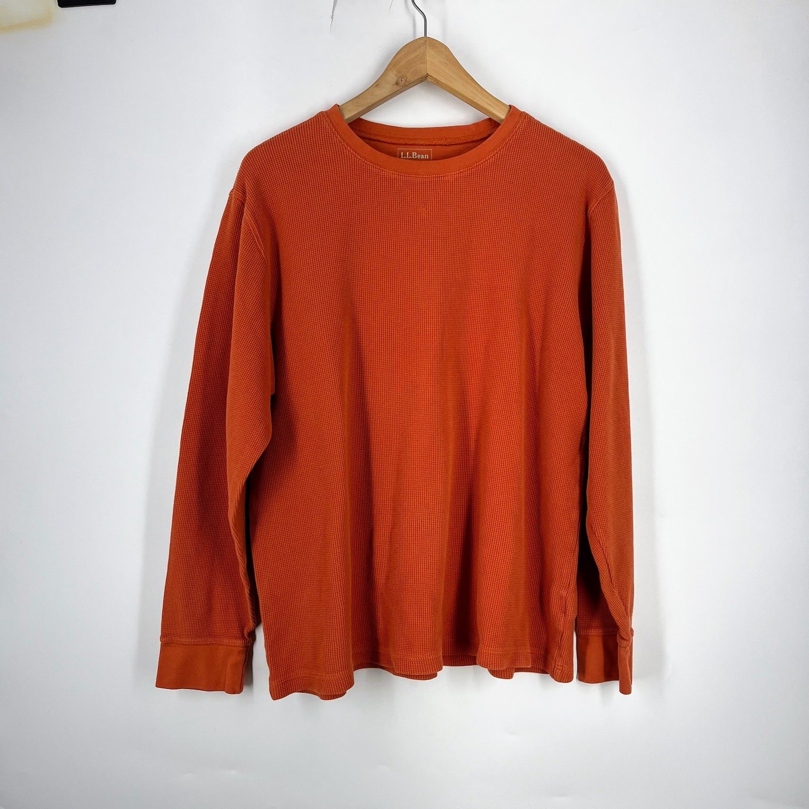 LL Bean Mens Burnt Orange Waffle Knit Long Sleeve Thermal Crewneck Shirt Size L