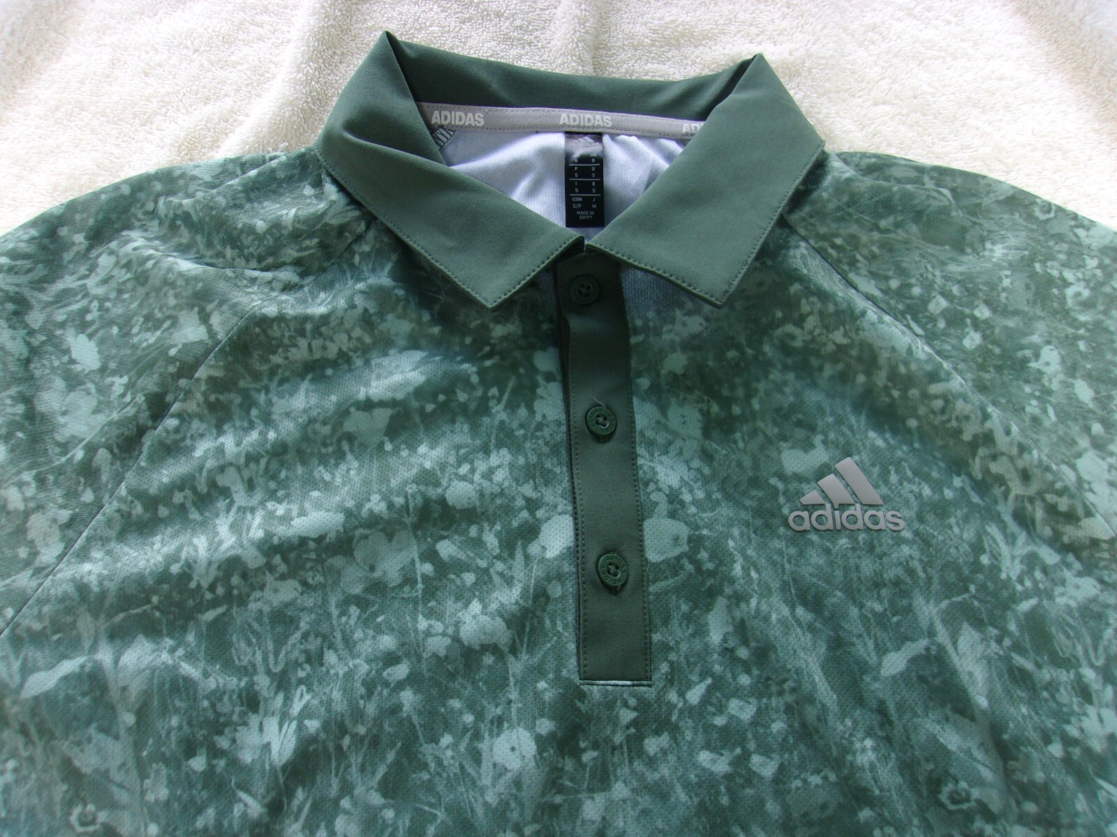 NWT Adidas polo, men's S, or L, camo green, polyester, pointed collar, $65 gallery