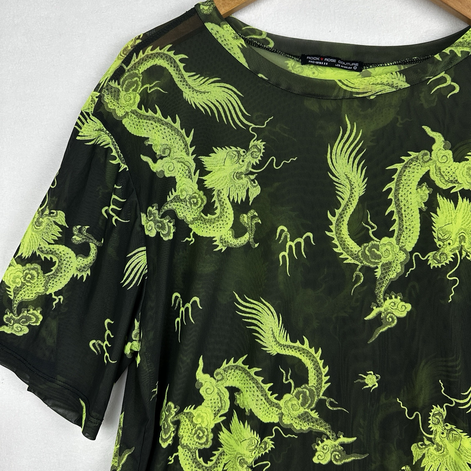 Rock Rose Couture Shirt Mens Medium See Through Mesh Dragon Print Lime Green Blk gallery