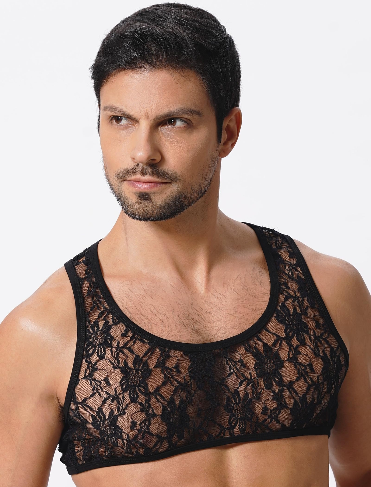 Men's Sissy Lace Muscle Tank Floral Crop Top Semi Transparent Sheer Mesh Vest... gallery