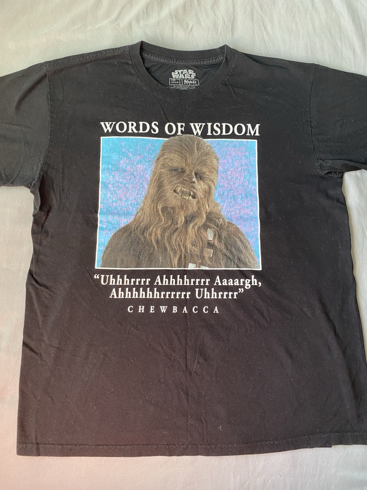 Men’s Used Star Wars Mad Engine Chewbacca Shirt Size Large Word of Wisdom Black