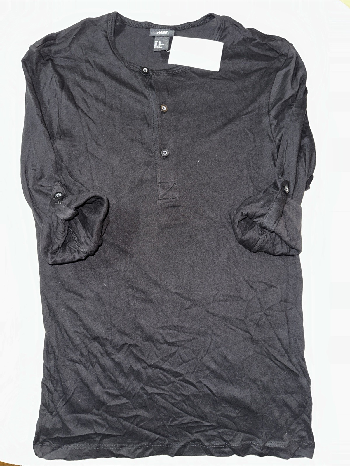 NWT H&M Henley Shirt Black Size XS Adjustable Sleeves gallery