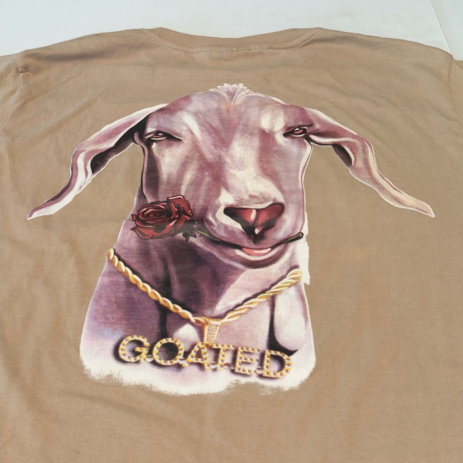 Goated Collection Tan Graphic T-Shirt Mens Large Streetwear Goat Rose Chain Tee gallery