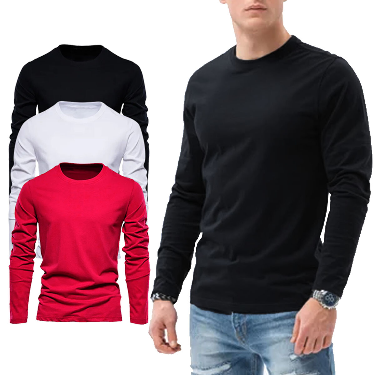 Mens Long Sleeve T shirt Plain Casual Work Pack Of 3/4 Premium Lot Tee Top gallery