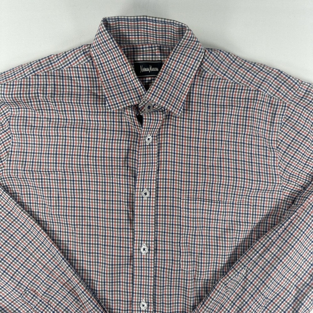 Neiman Marcus Plaid Men’s Button Down Dress Shirt Medium M Trim Fit