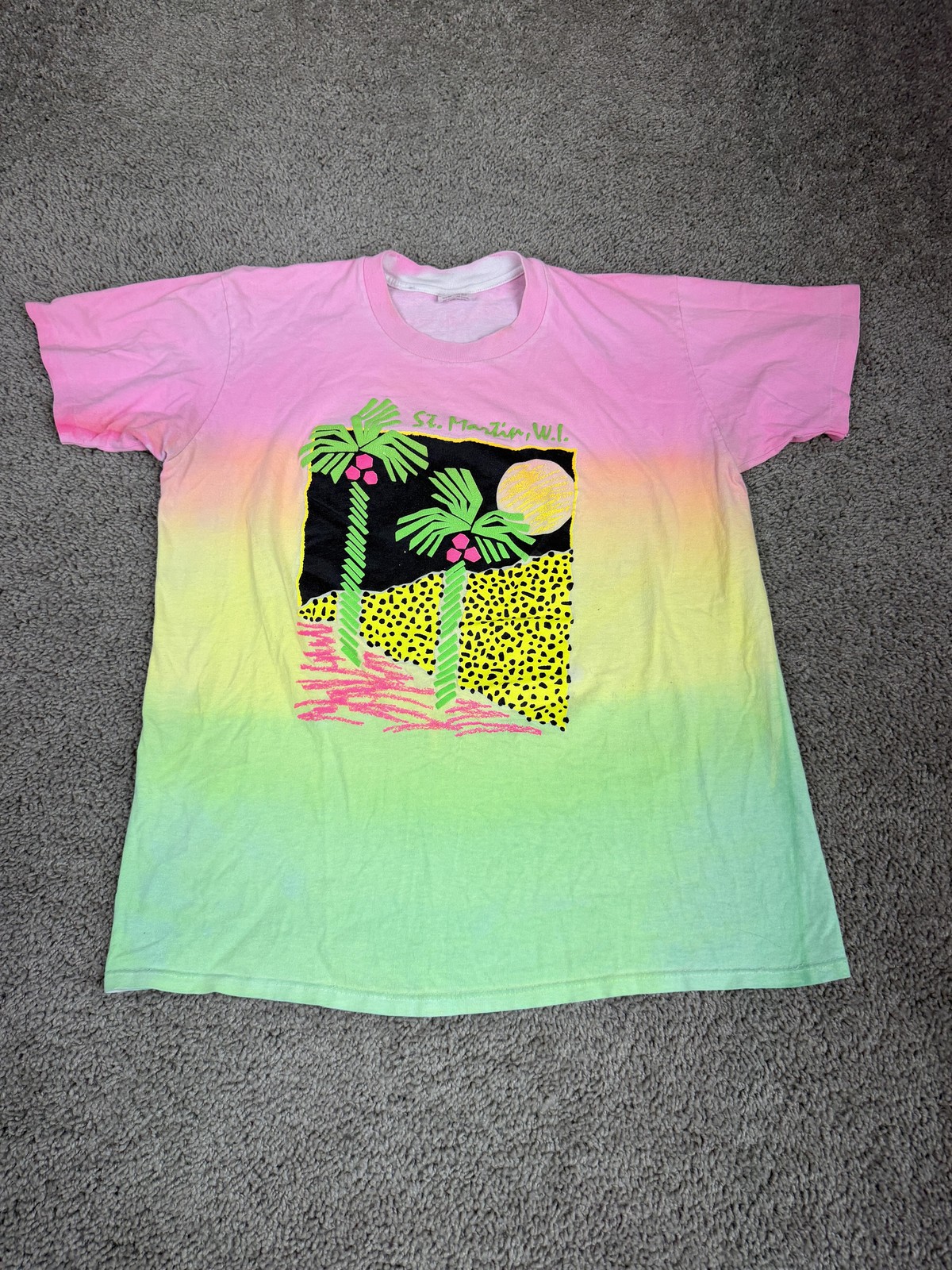 Vintage St Martin WI Shirt Mens Large Multicolor Neon Palm Trees Gradient 80s