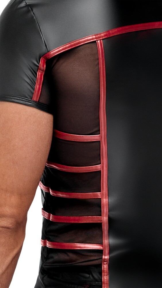 Mens Shirt With Red Stripes In Black Wet Look With Mesh Inserts At The Sides gallery