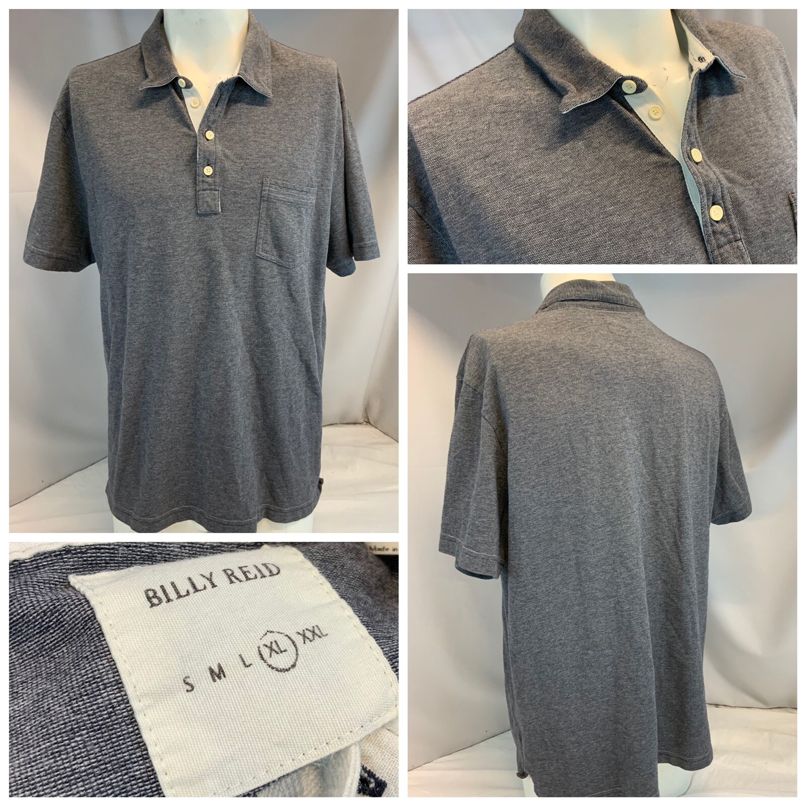 Billy Reid Polo Shirt XL Men Gray Cotton Poly Made in Peru Pocket Mint YGI G0-45