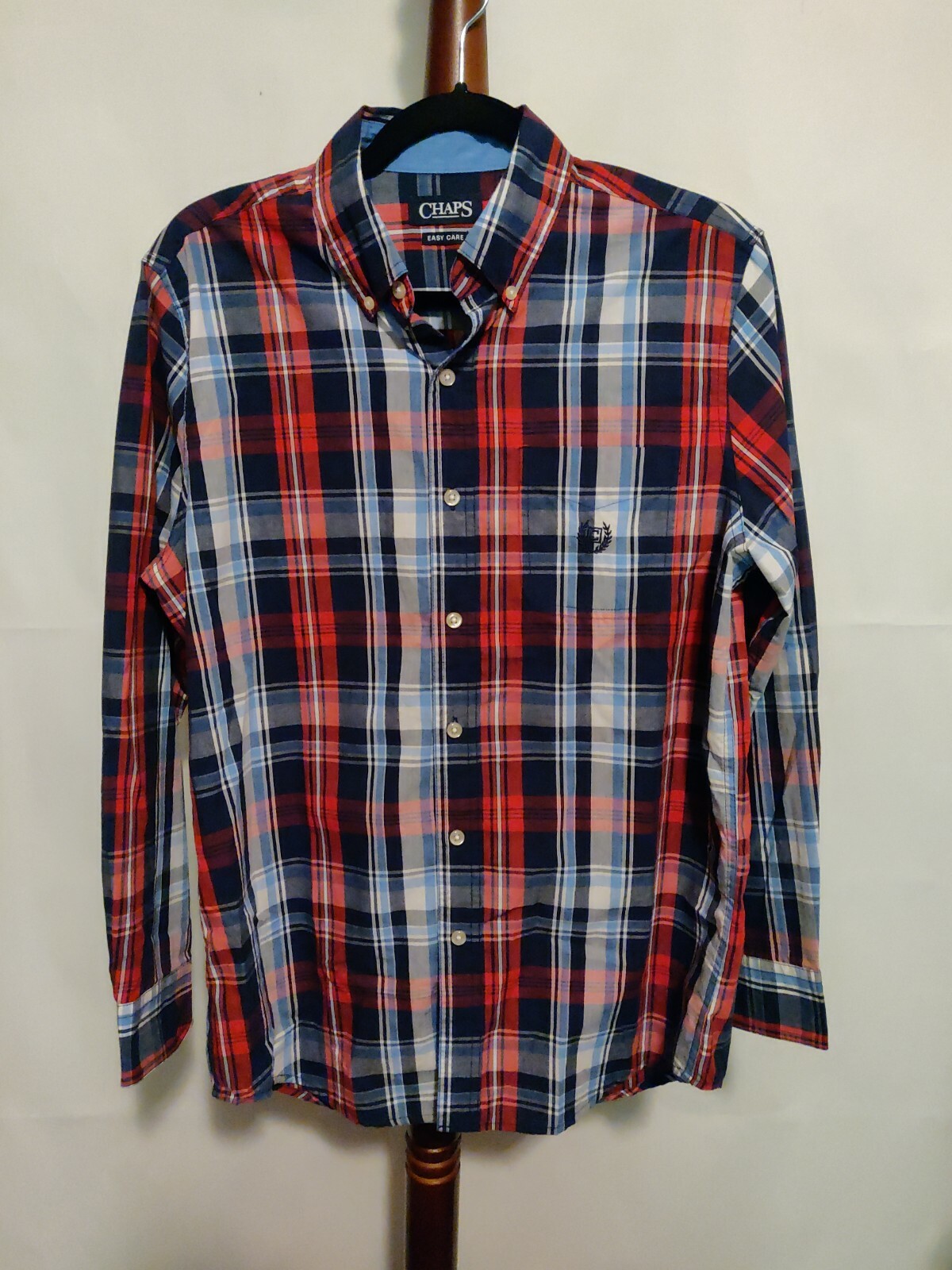Chaps Easy Care men's size S shirt LS red blue plaid collar button up EUC gallery