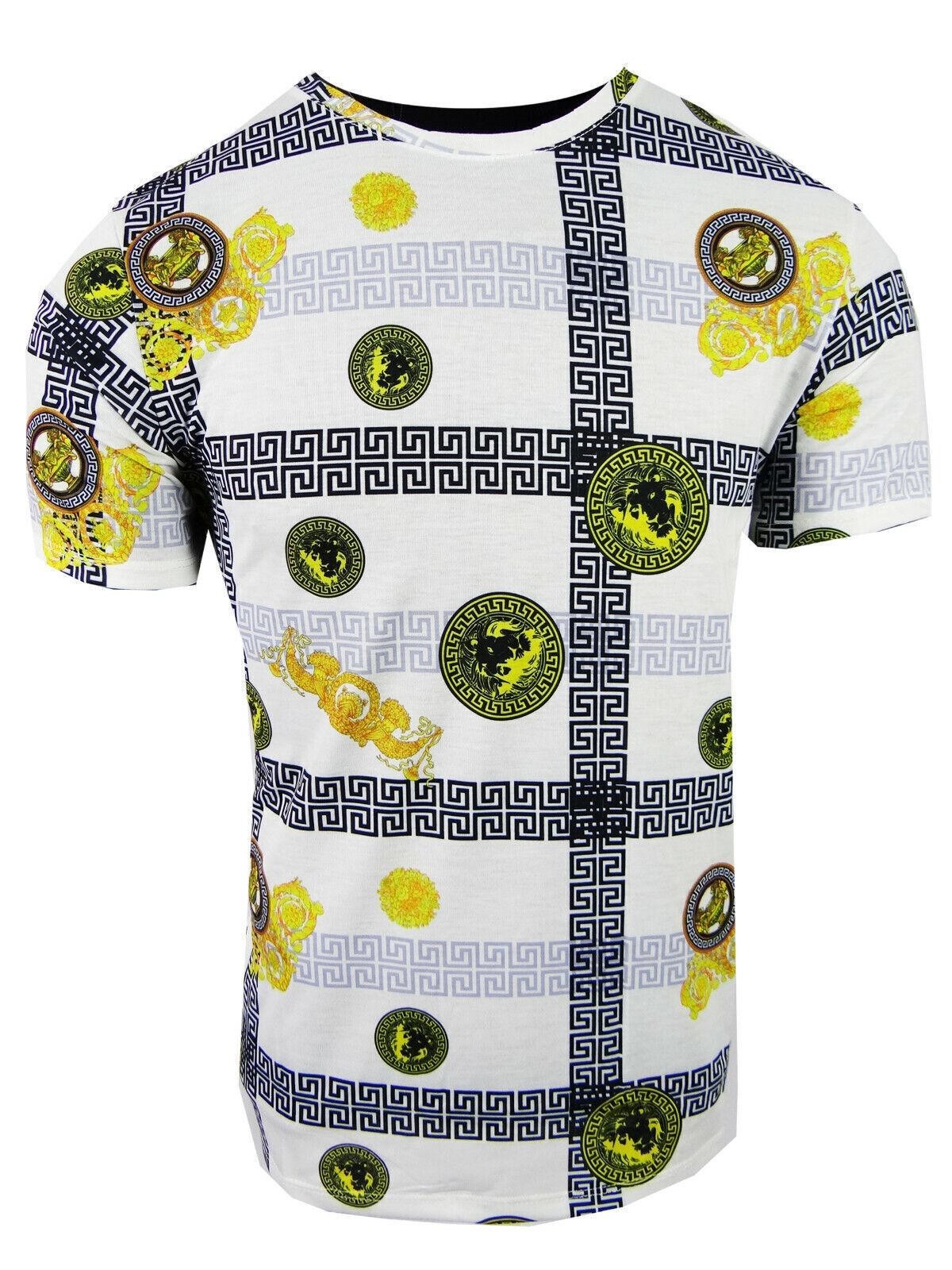 Mens White T-Shirt Designer Italian Stripe Gold Leaf Floral Animal Slim Fit gallery