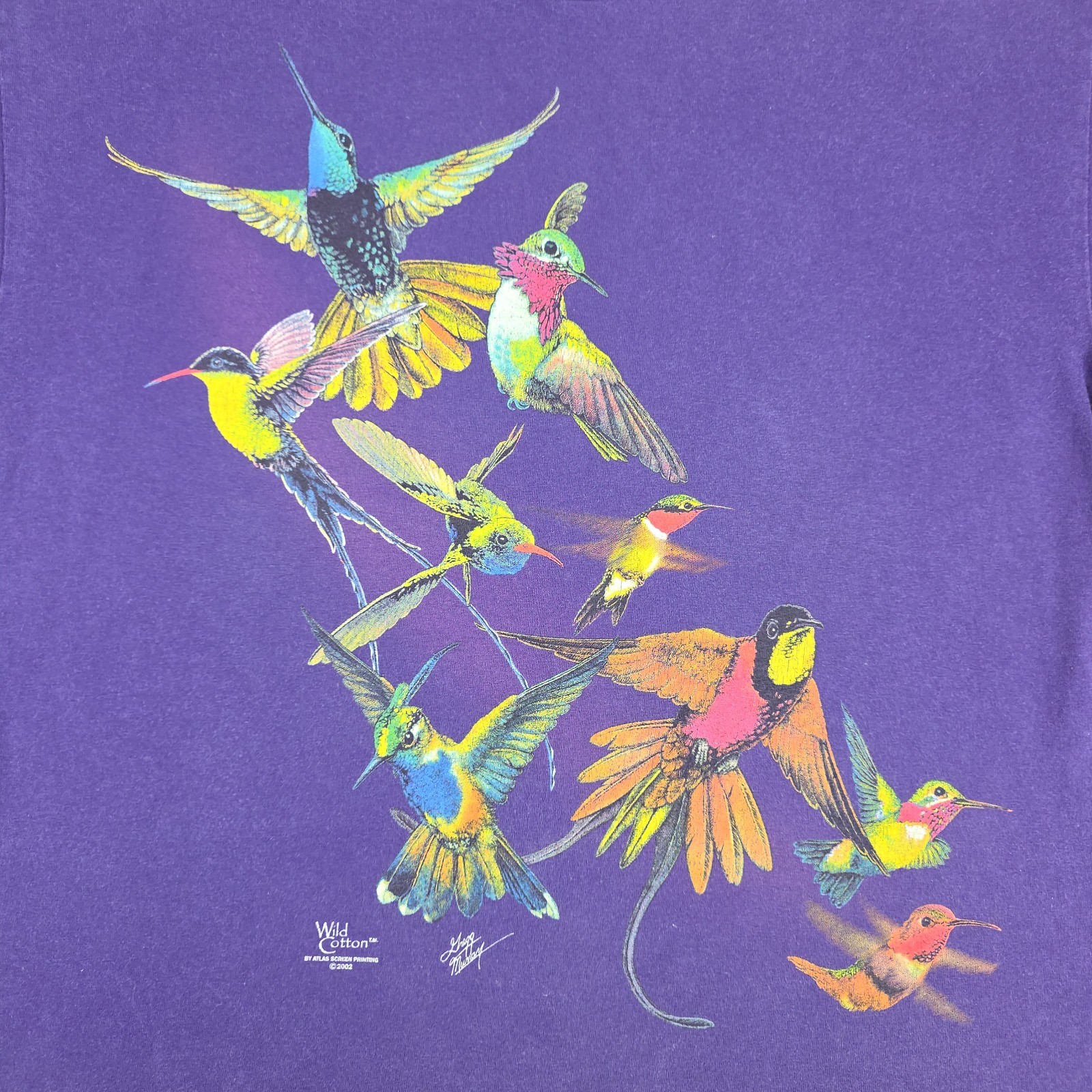 Vintage Hummingbird Shirt Mens Medium Purple Double Sided Wild Cotton Floral Art gallery