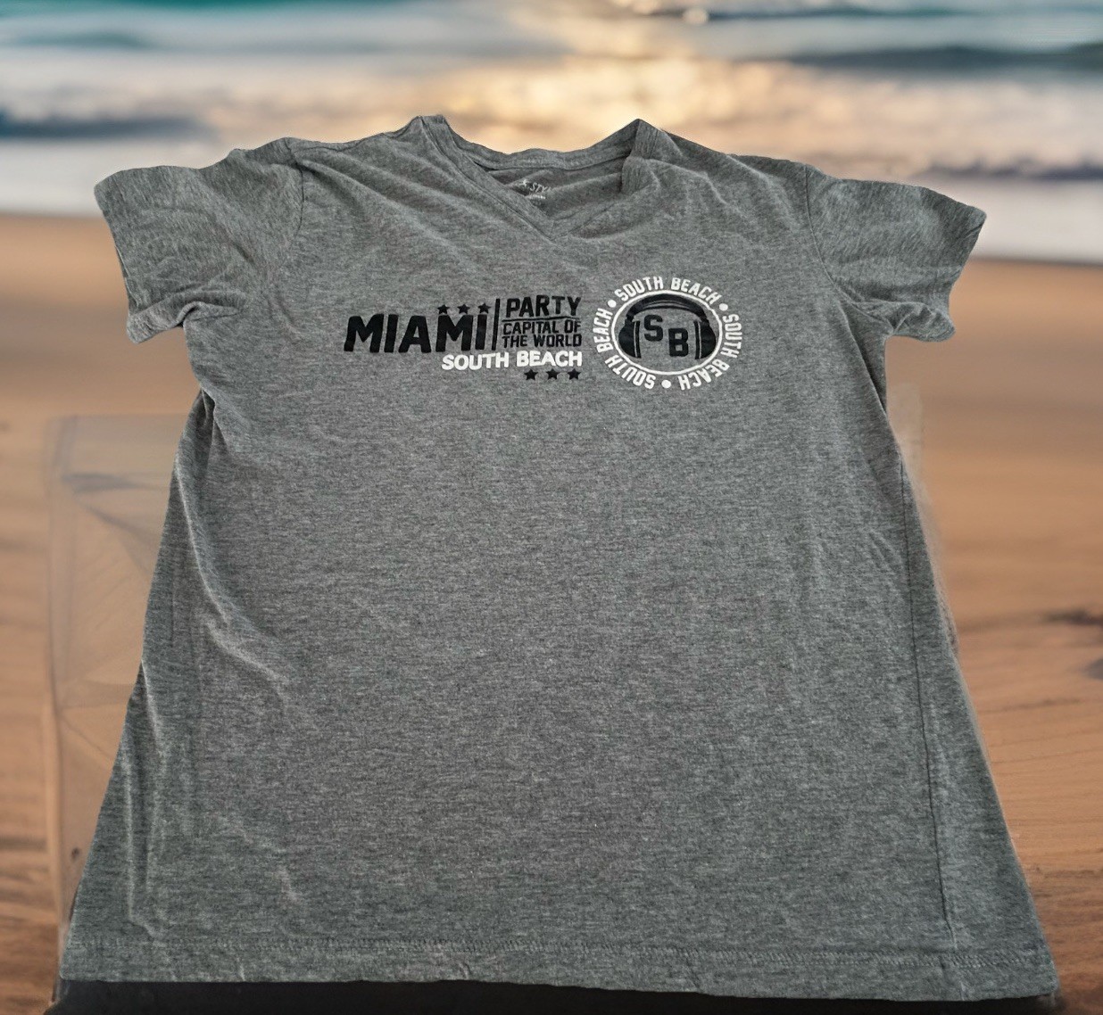 Miami South Beach “Party Capital of the World” Surf Style T-Shirt (Gray, Size L)